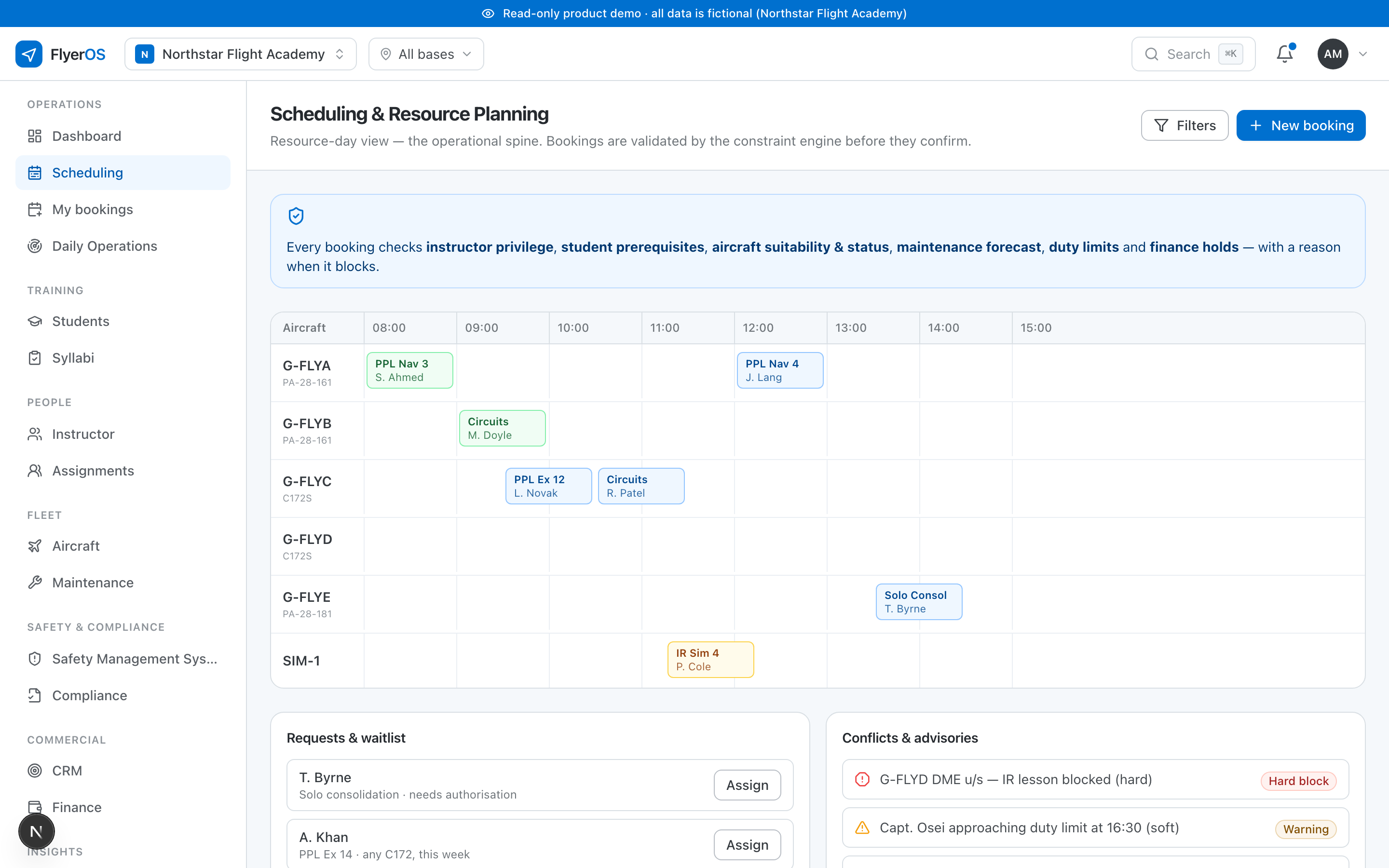 The scheduling board, with aircraft and instructors as resource lanes